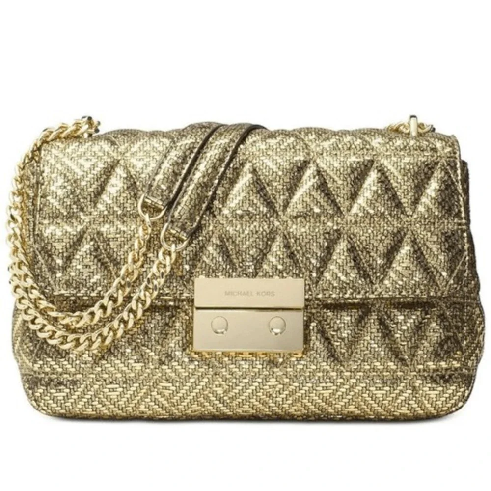 MICHAEL‎ KORS Gold Metallic Sloan Quilted Pyramid Large Chain Shoulder Bag Purse